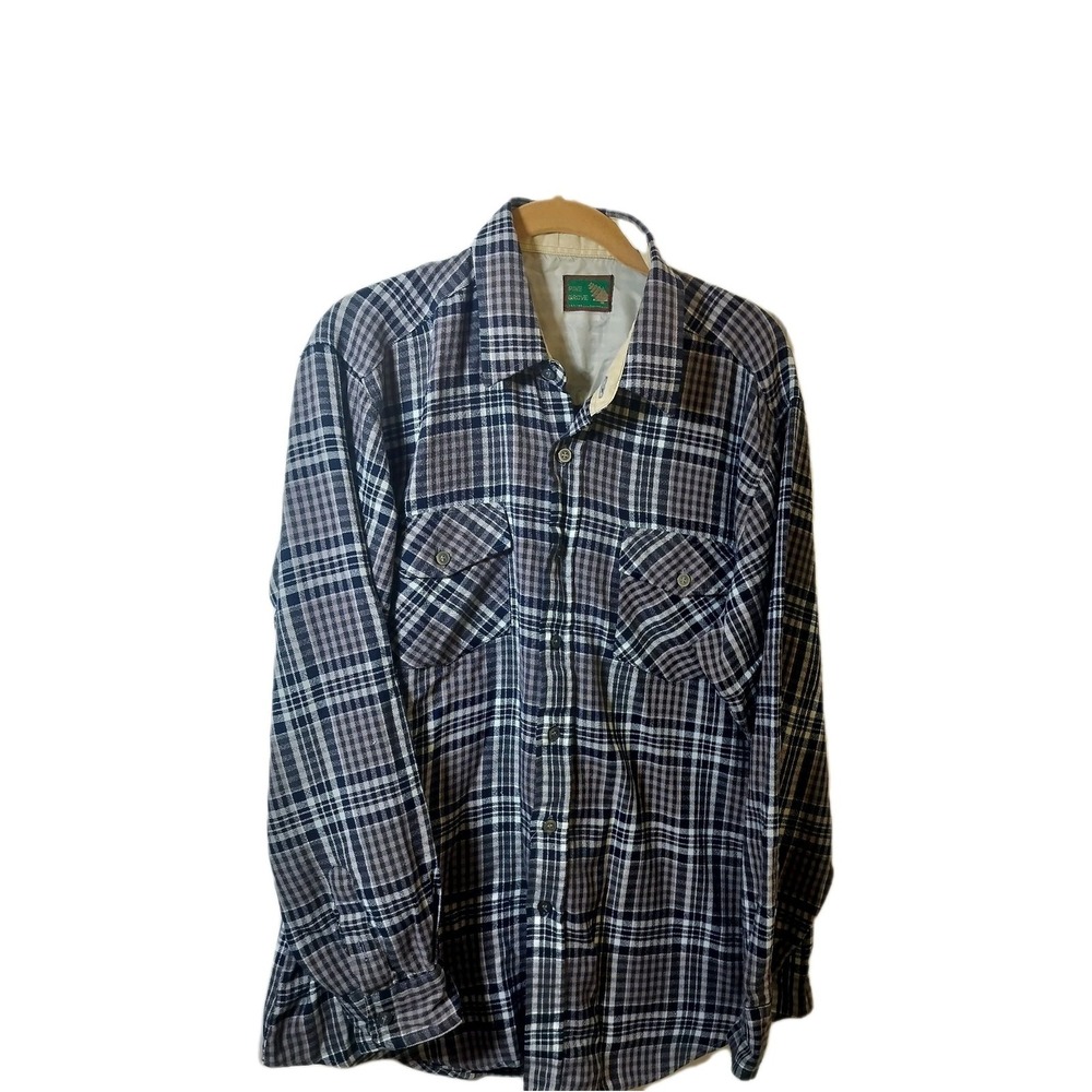 Pine Grove Men's Plaid Flannel Button-Up Shirt Blue White Long Sleeve 25"‎